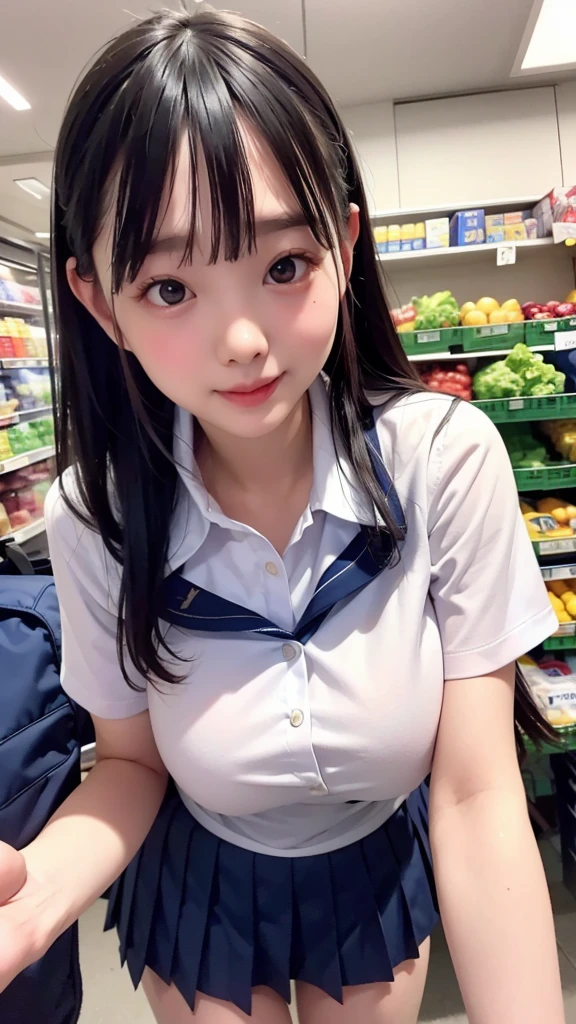 smile, (At the supermarket:1.2), ((school uniform:1.2)), girl,RAW Photos, (photoRealistic:1.37, Realistic), Highly detailed CG integrated 8K wallpaper, View your viewers, (((Straight from the front))), (high qualityスキン:1.8, Shiny skin), 8K Ultra HD, Digital SLR, Soft lighting, high quality, (Professional Lighting:1.6),Bust 200