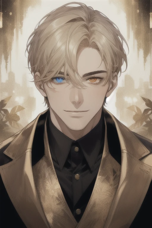 masterpiece, best quality, realistic, 1man, mature man, muscular tall, handsome, smile, closed mouth, portrait, extremely detailed face, (short hair), (golden hair), (heterochromia in eyes)
