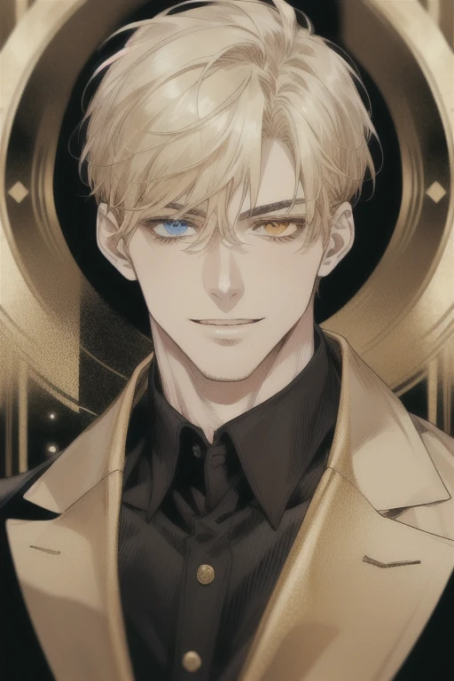 masterpiece, best quality, realistic, 1man, mature man, muscular tall, handsome, smile, closed mouth, portrait, extremely detailed face, (short hair), (golden hair), (heterochromia in eyes)
