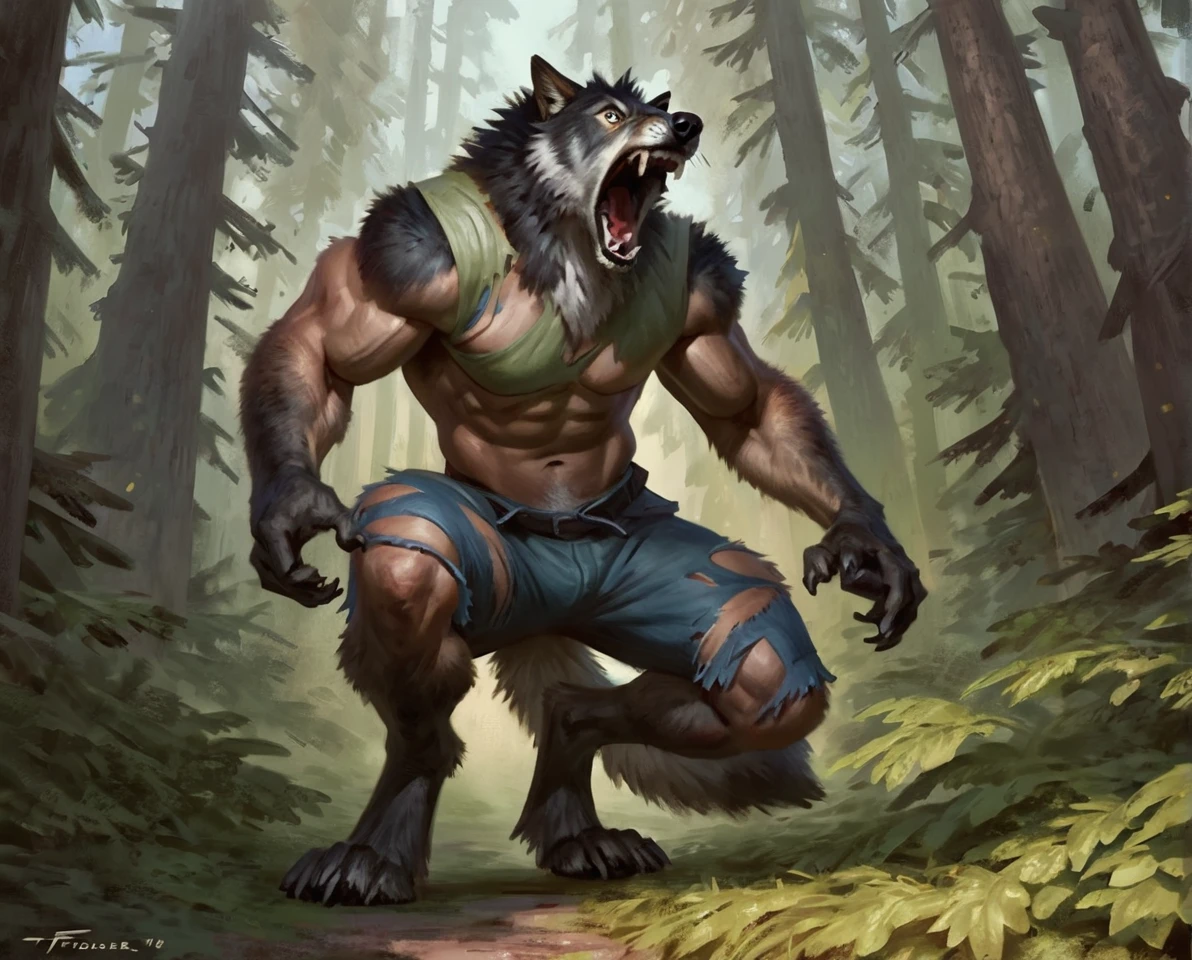 male grey wolf, comic book style, illustration, solo, abs, pecs, concentrated expression, masculine body, masterpiece, best art, full body, digitigrade, by taran fiddler, torn pants, torn shirt, detailed hands, tall, detailed eyes, large tail, detailed torso, forest, angry expression, transformation, yelling, human face, all fours