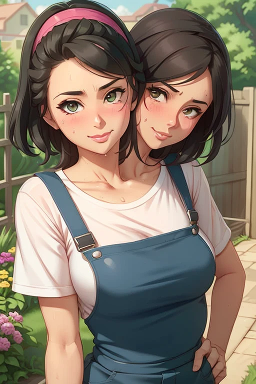 2heads, a tall thin woman with two heads. She is outside in a garden, she is gardening. She is very tall. She is very skinny. She has short black hair in a bun. She looks mature. She has very thick full lips. She is wearing overalls with a pink T-shirt underneath, and gardening gloves. She is wearing a bandana on her head. She is smiling. She is blushing. She looks sweaty and tired. Mature, milf. Flirty, flirtatious expression, flirty pose. Sweaty, sweating. 