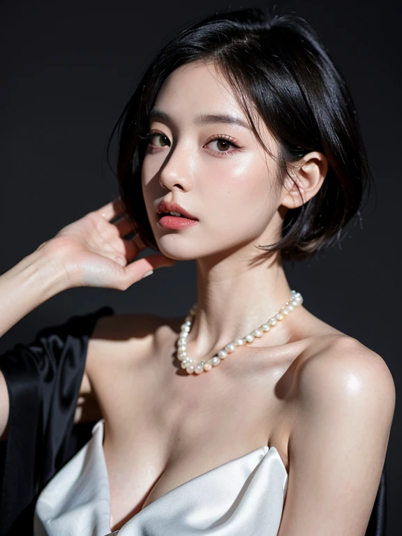 (highest quality, 8k, 32k, masterpiece, Ultra-high resolution:1.2),Beautiful Japanese Women Photos, (D cup breasts:1.4), very short bob hair,Upper Body,Face Focus,(black formal blouse:1.4)、black ruffle blouse,(Pearl Necklace:1.4), (Sonar room of a nuclear submarine:1.6), The viewer is looking at her from the side, Watching the audience