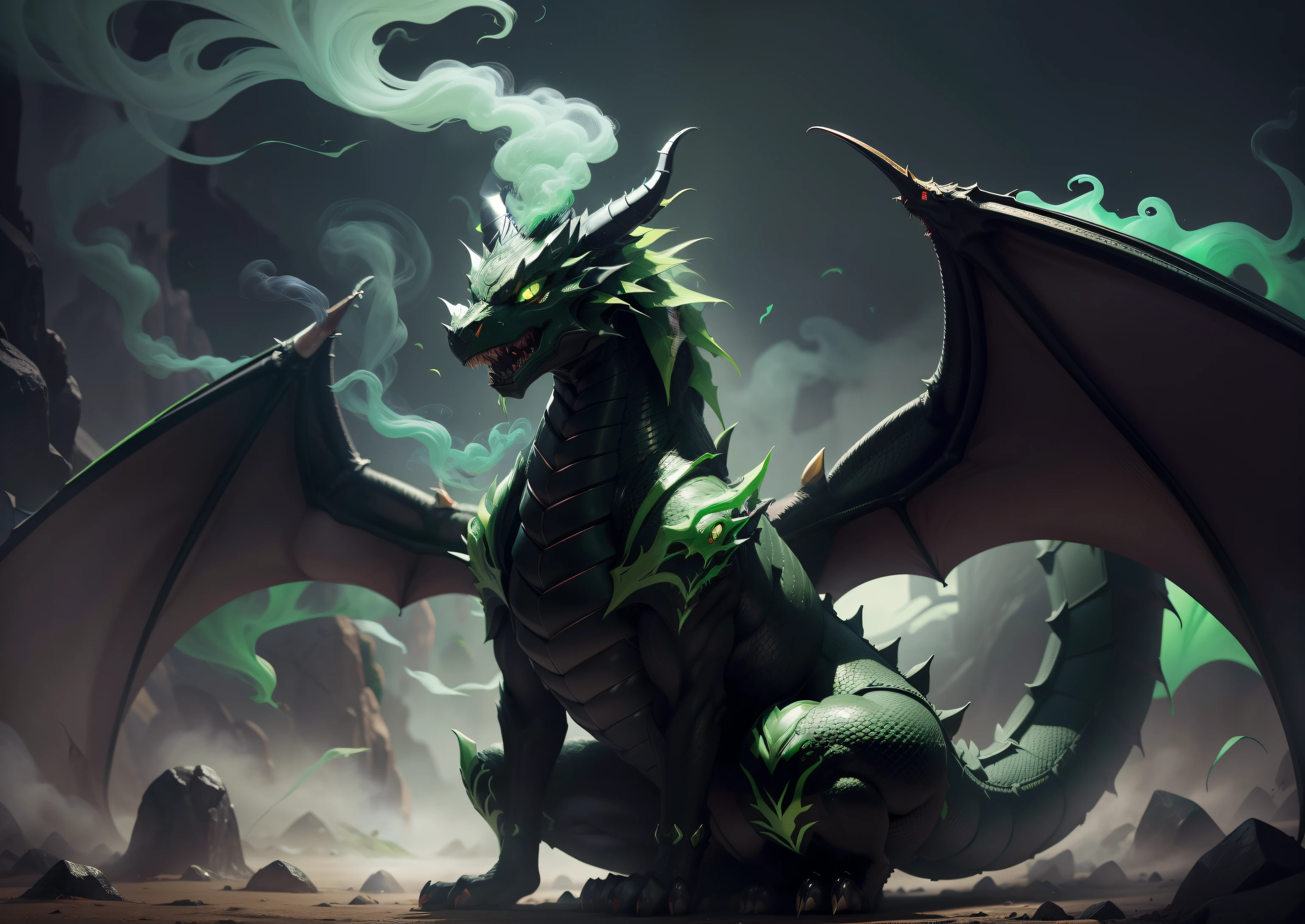 1Black dragon,adicionar veneno na boca, adicionar armadura prata, adicionar asas grandes, dentes afiados, Two paws on the ground, dragon's head, veneno verde, demonio, veneno verde, green smoke, Vapor verde, place covered with green smoke, veneno, acid, gosma,