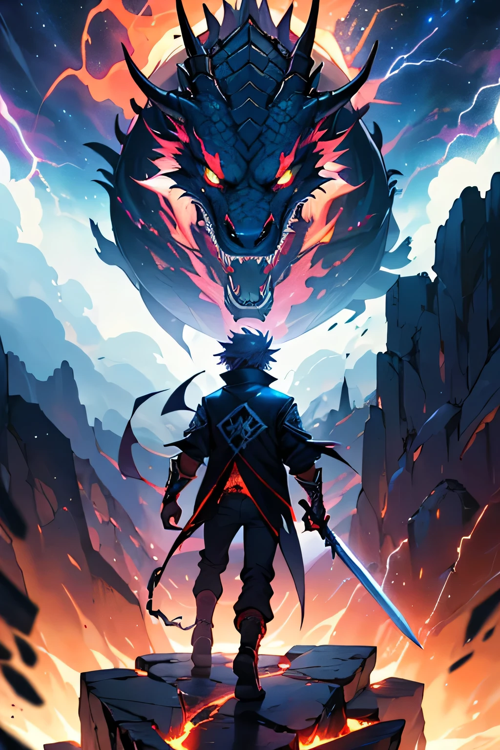 Teenager, ,boy, lightning sword in hand, cosmos and lightning, fire in sword, highly glowing eyes, multidimensional cosmic background, exposed torso, black pants, glowing eyes with intense anger, flame and lightning descending from eyes, sharp features, epic, dragon descending from nether at the back of the boy, 4k, high quality, detailed, lightning descending from the boy, flashy eyes, 10k , super high hd quality, red flame dragon descending from portal, black dragon, purple flame, nether view
