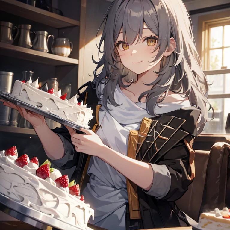 Smiling, gray hair, holding a cake