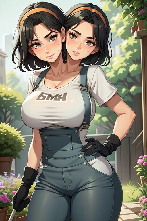 2heads, a tall thin woman with two heads. She is outside in a garden, she is gardening. She is very tall. She is very skinny. She has short black hair in a bun. She looks mature. She has very thick full lips. She is wearing overalls with a colorful T-shirt underneath, and gardening gloves. She is wearing a bandana on her head. She is smiling. She is blushing. She looks sweaty and tired. Mature, milf. Flirty, flirtatious expression, flirty pose. Sweaty, sweating.