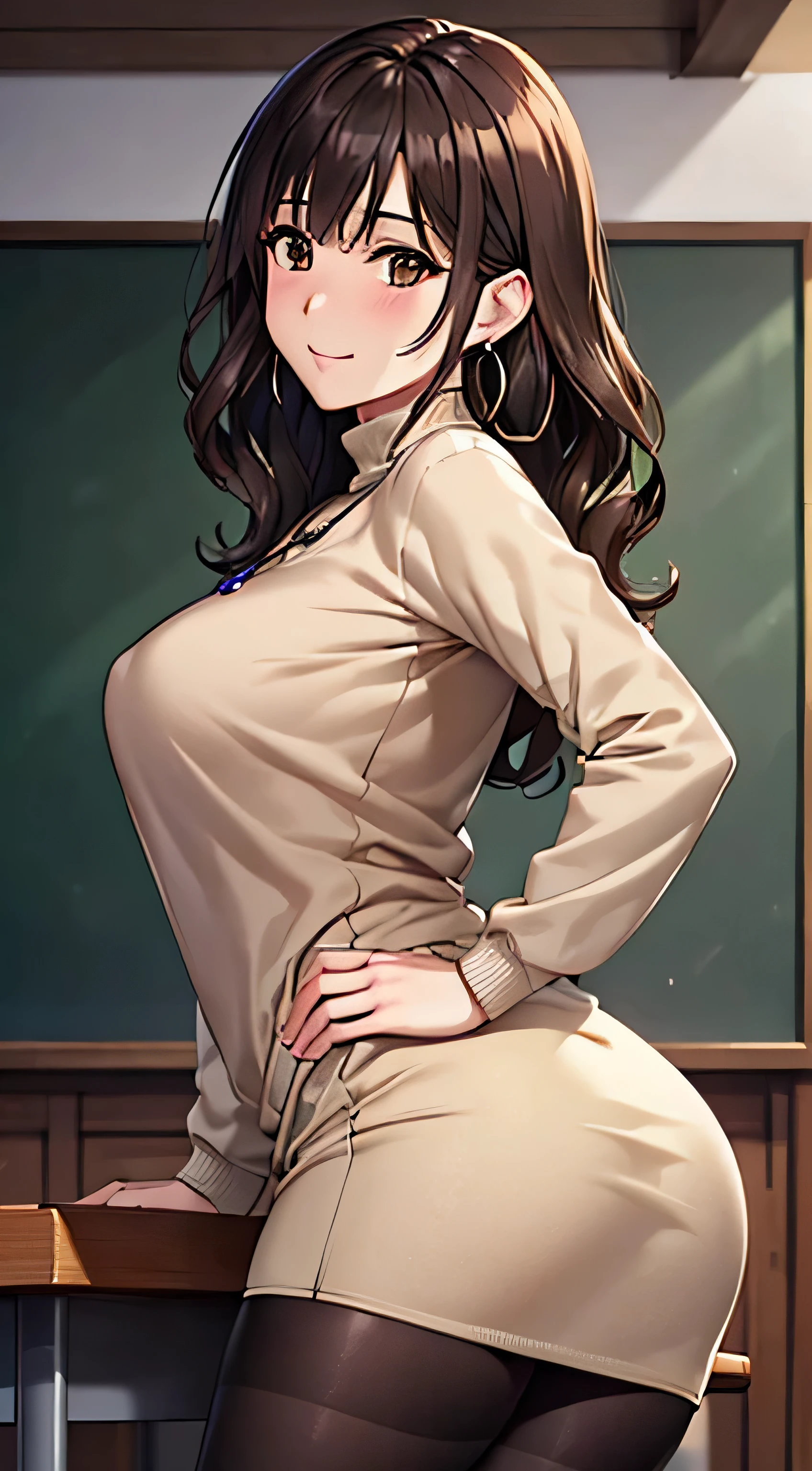 (Tabletop, highest quality, High resolution, , Perfect Pixel, 4K,), 1 girl, single, alone, Beautiful woman、I could see the whole body、 ((Wavy mid-length hair, bangs, Brown Hair)), ((Brown eyes, Beautiful eyelashes, Realistic eyes)), ((Detailed face, blush:1.2)), ((Smooth texture:0.75, Realistic texture:0.65, Realistic:1.1, Anime CG Style)), Medium chest, Dynamic Angle, Perfect body, ((, female teacher, , Earrings、necklace、Beige Turtleneck Sweater、black long flared skirt、Black knee-high stockings、、A shy smile、Put your hands behind your back、Leaning forward、look back)), Superior、、、evening、、(、、、Angle from below)、