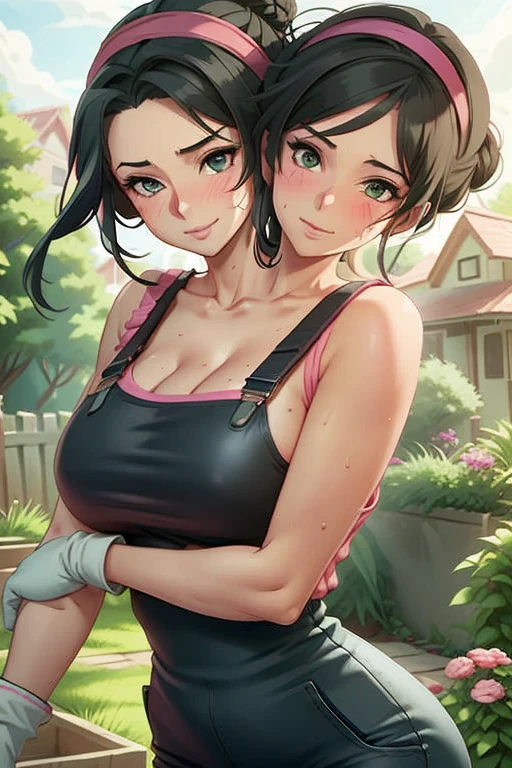 2heads, a tall thin woman with two heads. She is outside in a garden, she is gardening. She is very tall. She is very skinny. She has short black hair in a bun. She looks mature. She has very thick full lips. She is wearing overalls with a pink T-shirt underneath, and gardening gloves. She is wearing a bandana on her head. She is smiling. She is blushing. She looks sweaty and tired. Mature, milf. Flirty, flirtatious expression, flirty pose. Sweaty, sweating. 