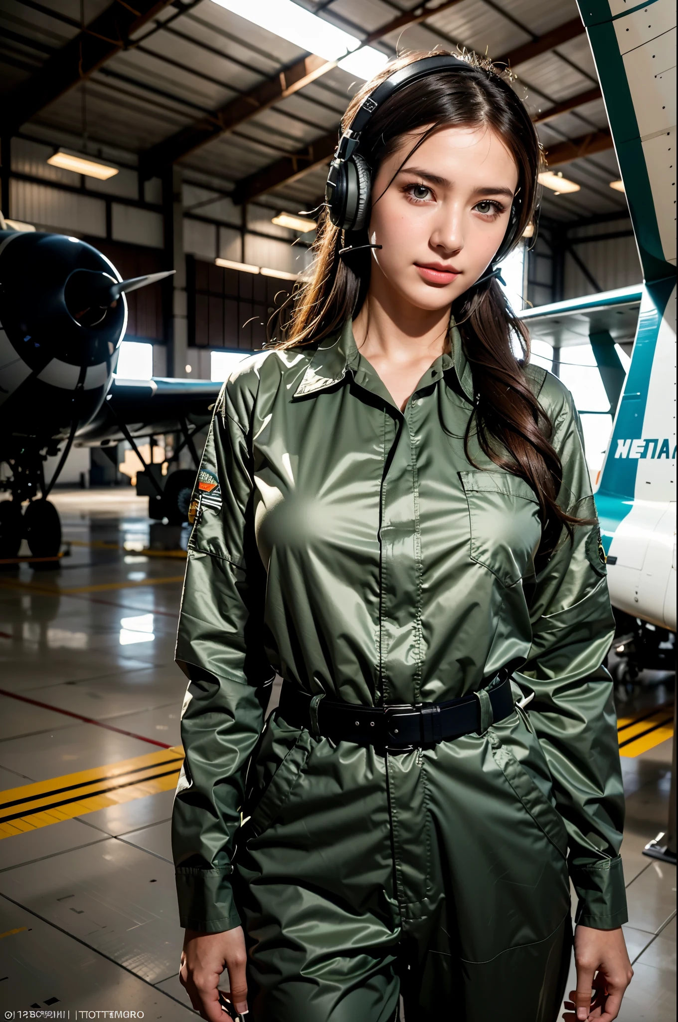 Best quality, ((professional photograph, RAW photo)), Insanely realistic, an extremely delicate and beautiful, ultra high res, realistic lighting and shading, (Realistic image of a extremely pretty female Aircraft mechanic, solo), Inside a spacious Aircraft hangar, Monoplane fighters of the World War II era line the background, Aircraft parts scattered on the floor, Tools for maintenance, She does aircraft maintenance, (wearing Military camouflage patterned Long-sleeved mechanic's coverall), (wearing mechanic's heavy-duty glove), (Wearing a headset), her hair is tied back later, very professional mechanic, inscrutable smile, ((extremely beautiful depiction of the eyes and face)), (insanely beautiful natural skin texture), Accurate eyes, Accurate hands, Well-balanced overall body