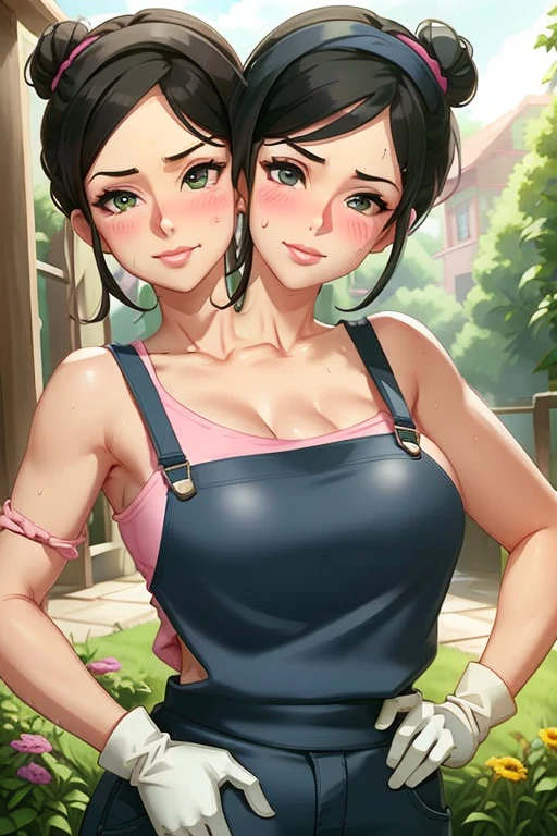 2heads, a tall thin woman with two heads. She is outside in a garden, she is gardening. She is very tall. She is very skinny. She has short black hair in a bun. She looks mature. She has very thick full lips. She is wearing overalls with a pink T-shirt underneath, and gardening gloves. She is wearing a bandana on her head. She is smiling. She is blushing. She looks sweaty and tired. Mature, milf. Flirty, flirtatious expression, flirty pose. Sweaty, sweating. 