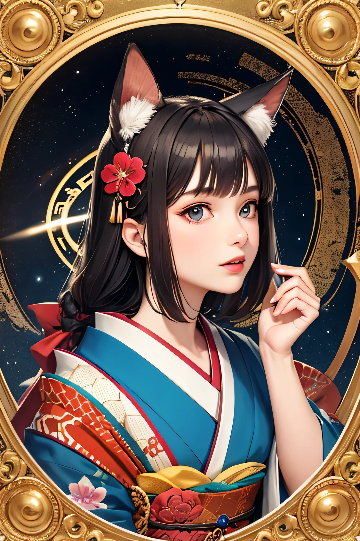 ((highest quality)),(detailed), Perfect Face,Animal ears,Kimono beauty,magic circle,Halo