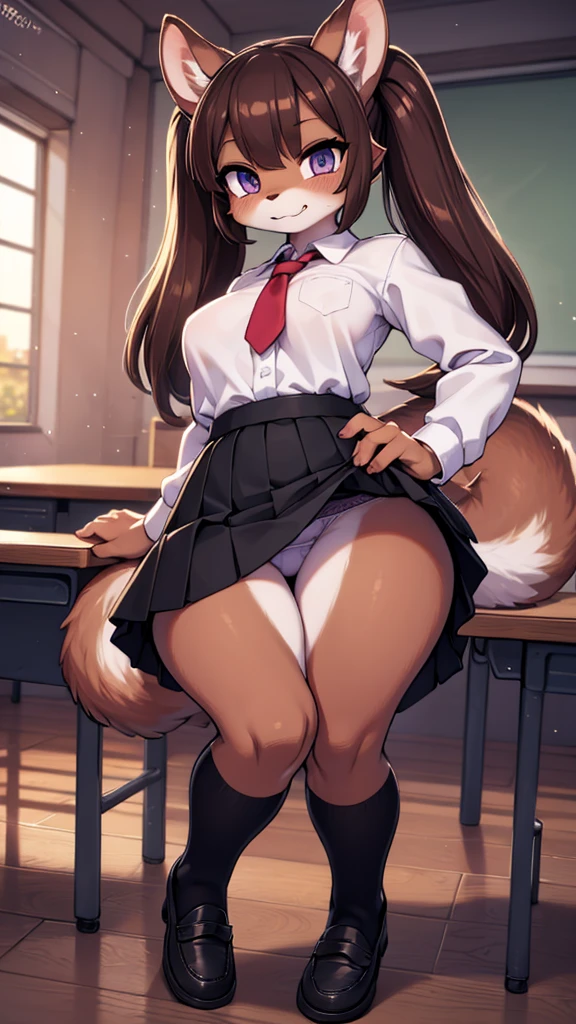 cute女性、Sparkling、Brown squirrel、cute、Twin tails、Laughing with your mouth open、Sunset、Brown Skin、Naughty、Lively、Mischievous、Changing clothes、Underwear is visible、Looking down from above、High school girls、White shirt、Black long skirt、Black Loafers、Troubled face、Detailed Description、high resolution、High quality、Detailed eyes、Detailed body、classroom、