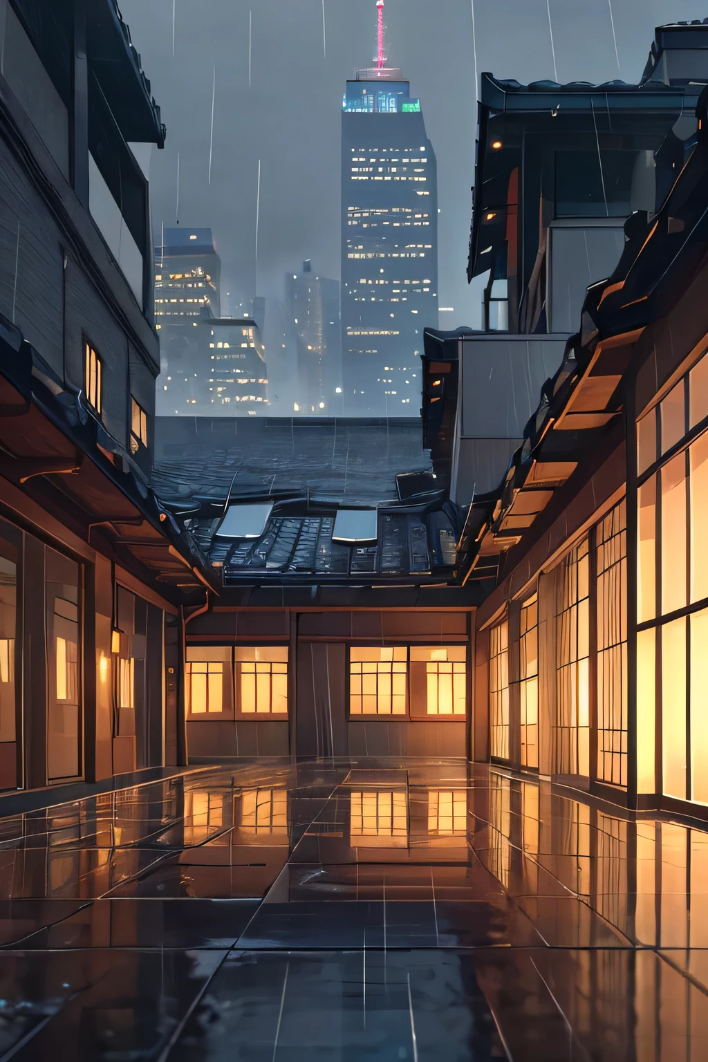 School rooftop, shrouded in rain, a solitary scene of tranquility where Nobody is here. Detailed and in-depth description unveils the imperceptible beauty: shining raindrops on the weathered tiles, reflecting neon lights from afar. (Masterpiece: 1.21), (Best quality: 1.331), ultra-detailed illustration, bordering on a perfect work of art. Beautiful and intricate graphics emerge, blessed with a hard light and delicate composition in the style of Rembrandt. The rain falls persistently, its sound punctuating the stillness, while the background is a blur of city lights in the near future. The