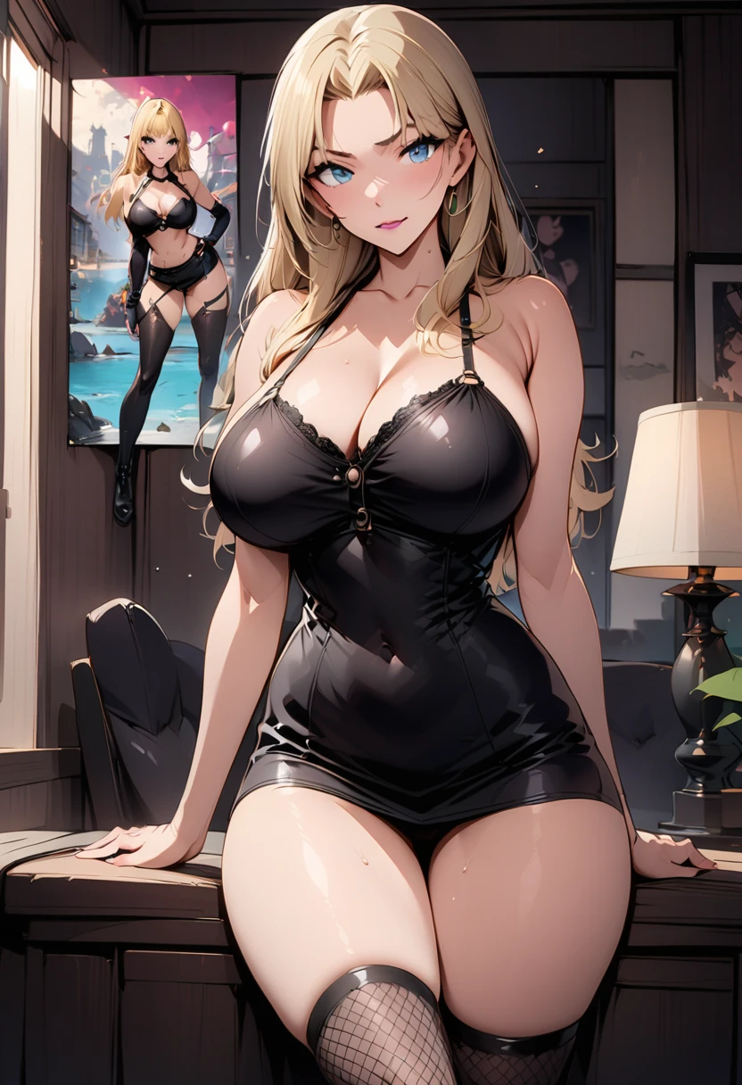 (best quality,masterpiece:1.2),golden hair,short skirt,fishnet stockings,knee-high boots,perfect figure,full-body shot,cool poster,36 years old,mature beauty,single person,anime style,temptation