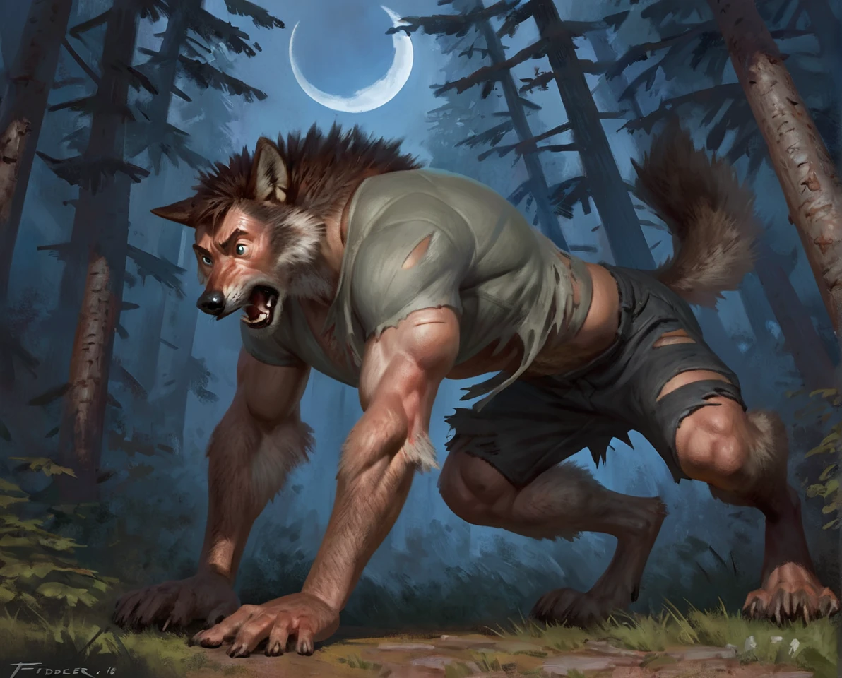 Wolf, human, ((Transformation, mid Transformation)), loincloth, growing fur, (human face:0.3), (Wolf feet:0.4), laying, Partial shadow, von Taran Fiddler, by Kenket, By darkgem
