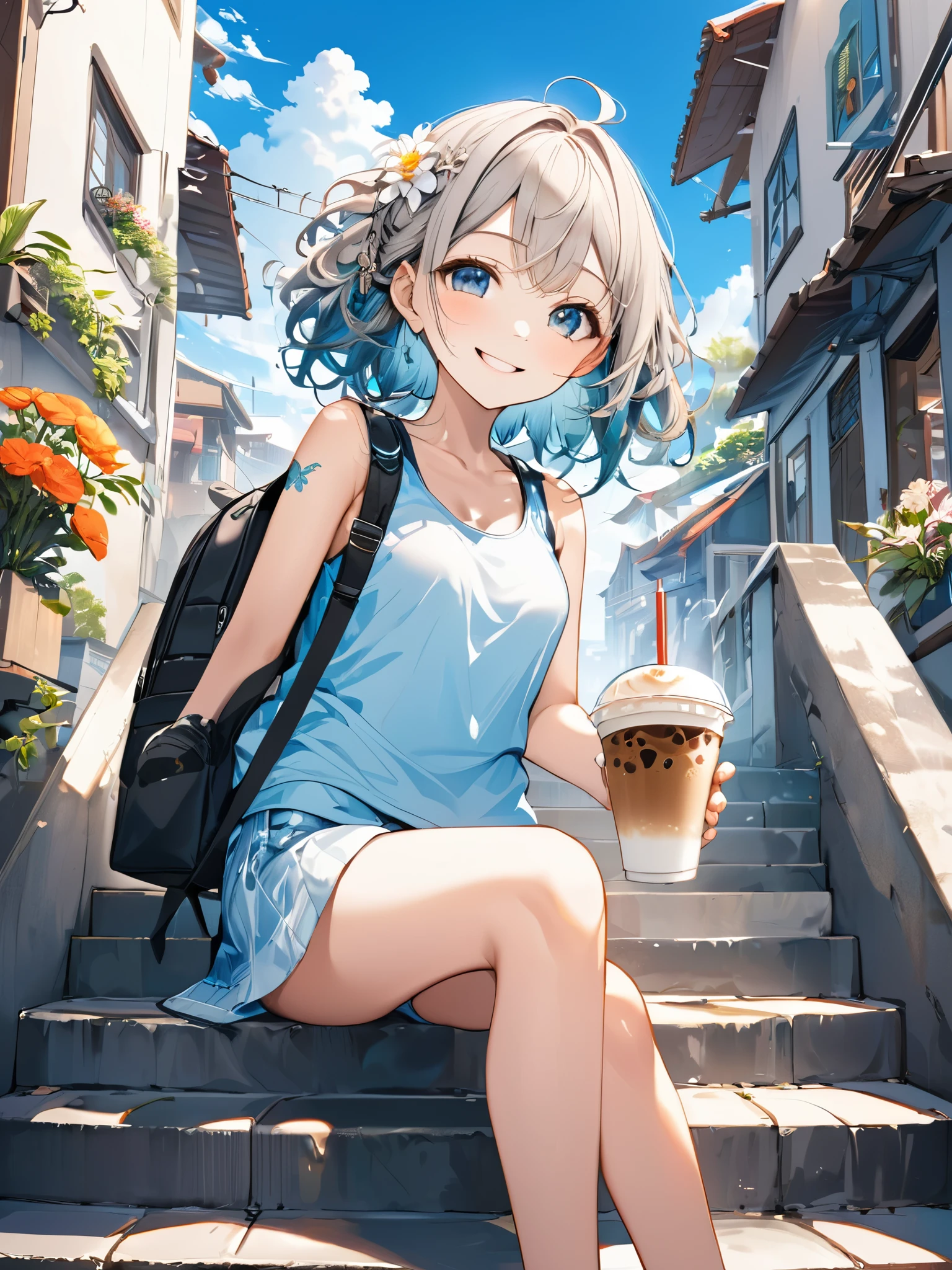 (best quarity,ultra detailed,ultra-high-resolution, 8k, masterpiece), (from front:2.0), very-cute-and-beautiful-anime-girl,highly-detailed-face-and-eyes,smile, sitting on Long Staircase, port city, drinking ice-coffee, tribal_tatoos, gradation hair, wavy hair, hairpins, windy, wearing stylish tanktop clothes, small backpack, plants, flowers, blue sky,