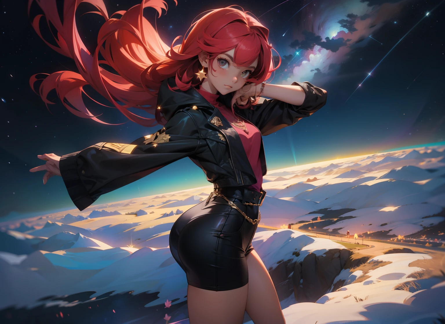 obra maestra,of the highest quality,high resolution, una chica de cabello largo y rosa brillante y hermoso y un chico con el cabello largo color negro, dynamic pose, modo chill, dos personas acostadas sobre el campo, con un cielo estrellado arriba de ellos y muchas revistas al frente de ellos.