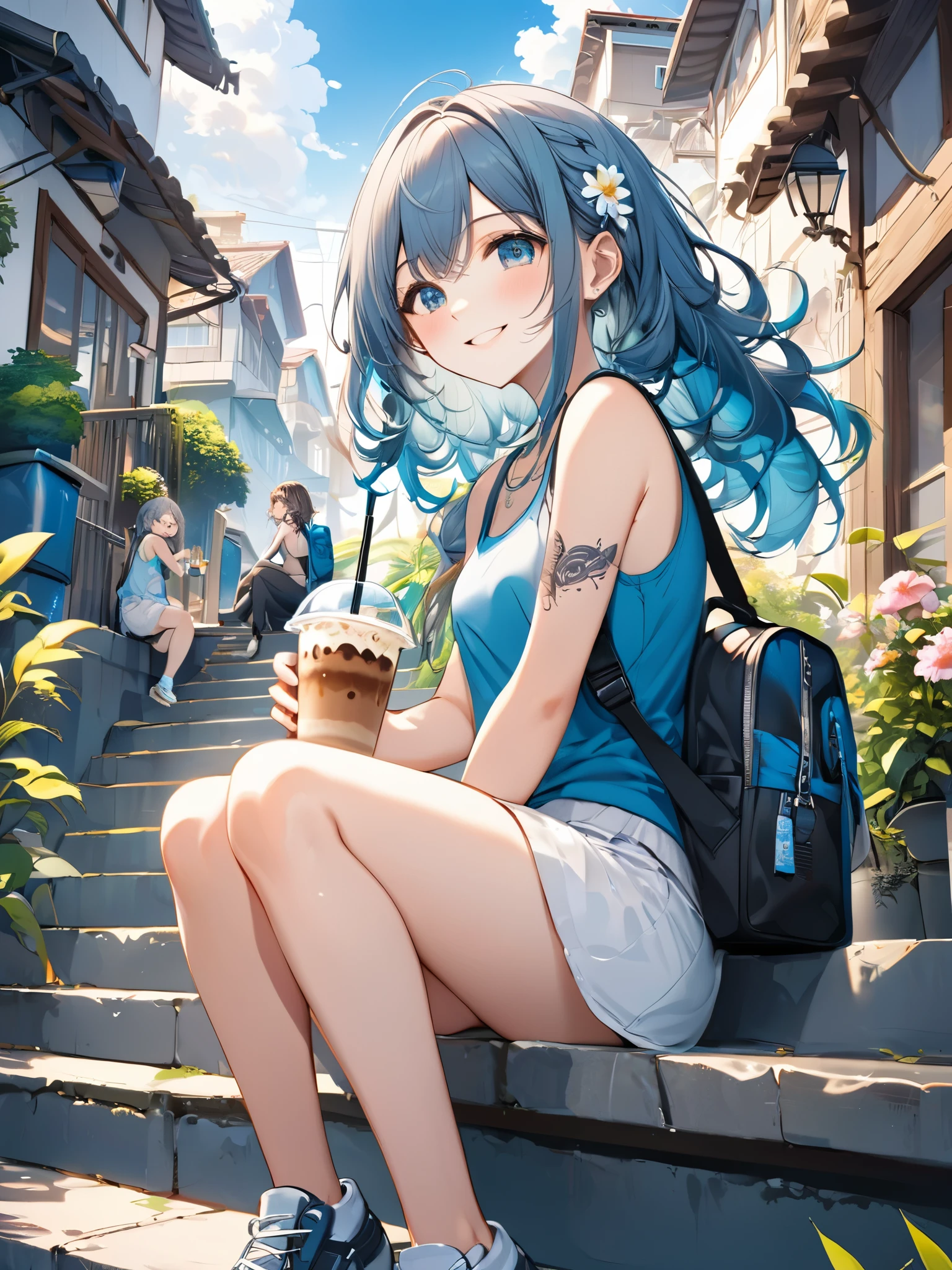 (best quarity,ultra detailed,ultra-high-resolution, 8k, masterpiece), (from front:2.0), very-cute-and-beautiful-anime-girl,highly-detailed-face-and-eyes,smile, sitting on Long Staircase, port city, drinking ice-coffee, tribal_tatoos, gradation hair, wavy hair, hairpins, windy, wearing stylish tanktop clothes, small backpack, plants, flowers, blue sky, 