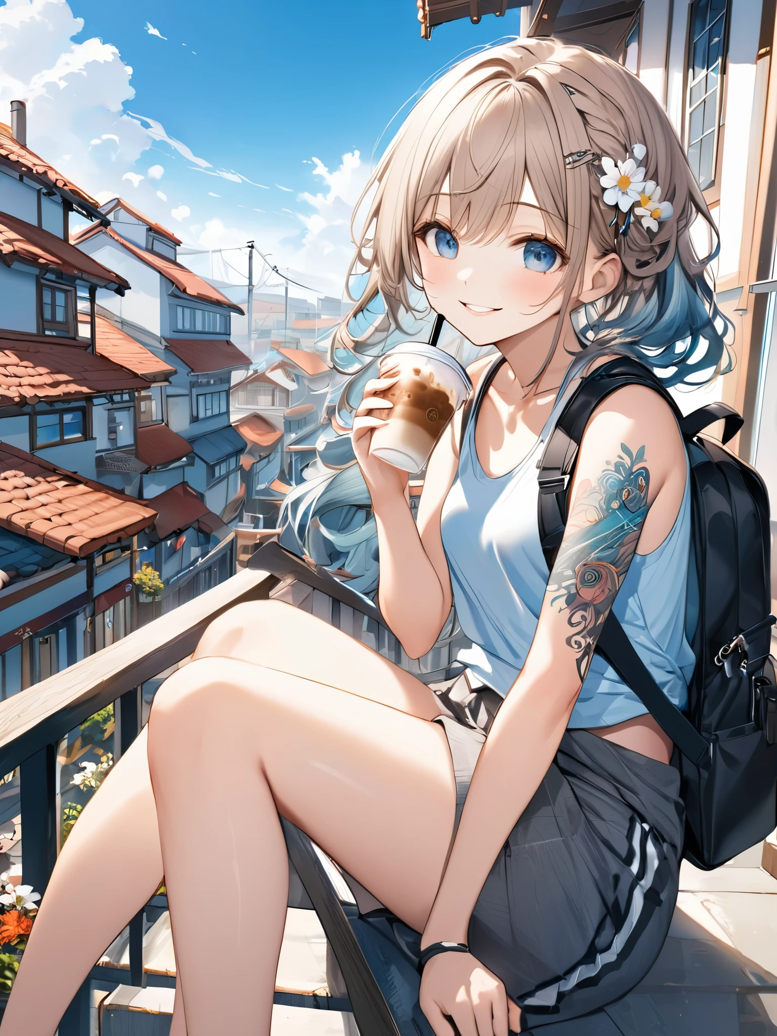 (best quarity,ultra detailed,ultra-high-resolution, 8k, masterpiece), (from front:2.0), very-cute-and-beautiful-anime-girl,highly-detailed-face-and-eyes,smile, sitting on Long Staircase, port city, drinking ice-coffee, tribal_tatoos, gradation hair, wavy hair, hairpins, windy, wearing stylish tanktop clothes, small backpack, plants, flowers, blue sky,