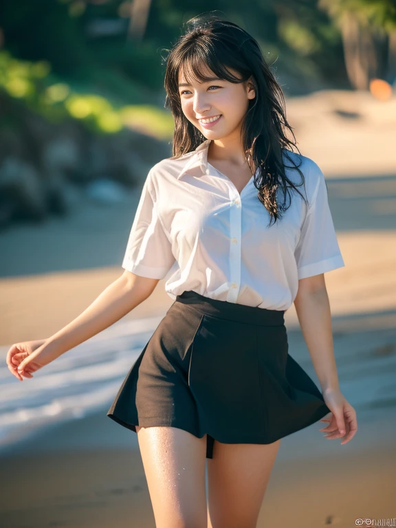 (Official Art、highest quality、Unity 8k wallpaper、32k、masterpiece、Ultra-detailed、超A high resolution、Realistic、Photorealistic:1.2)、(Natural soft light:1.2)、Fire Glow Effect、Film Grain、Best Shadow、Rim lighting、Side light、Side Shot、(Highly detailed and complex 3D rendering)、詳細なBeautiful Faceと目、Sharp pupils、Realistic生徒、Full Body, Sandy Beach、Beautiful Face、Blurred Background、18 year old beautiful girl、Glowing Skin、Beautiful wet black hair、I pulled up my wet shirt、Wet Check Mini Skirt、(Thighs Thighs Thighs:0.9)、barefoot、curve、Dynamic pose、Open mouth smile、Two Girls、