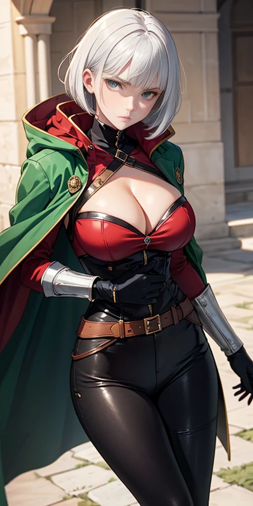 A woman with short bob haircut white silver platinum hair, choppy bangs, arched crescent eyebrows, sharp and determined eyes, a delicate oval face, a serious expression, a fantasy-style dark green military coat, draped with a dark red cloak, leather combat boots, silver greaves leggings, this character embodies a finely crafted fantasy-style female military officer in anime style, exquisite and mature manga art style, pale skin, big breast knockers cleavage