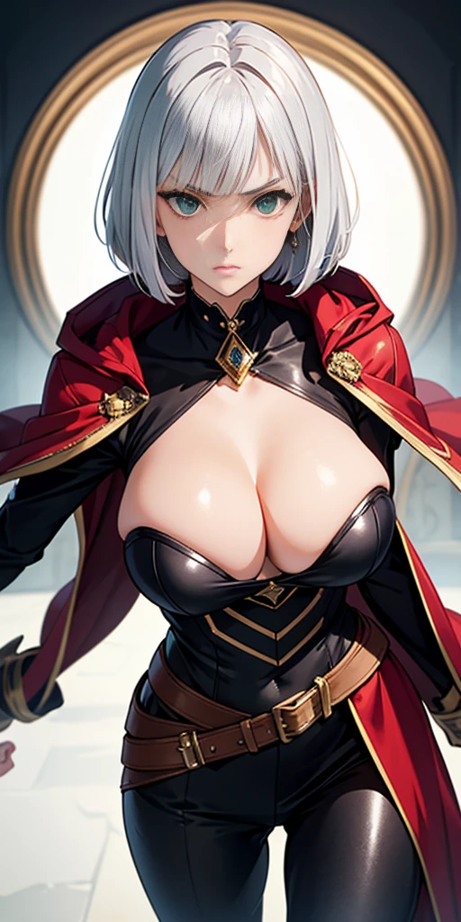 A woman with short bob haircut white silver platinum hair, choppy bangs, arched crescent eyebrows, sharp and determined eyes, a delicate oval face, a serious expression, a fantasy-style dark green military coat, draped with a dark red cloak, leather combat boots, silver greaves leggings, this character embodies a finely crafted fantasy-style female military officer in anime style, exquisite and mature manga art style, pale skin, big breast knockers cleavage