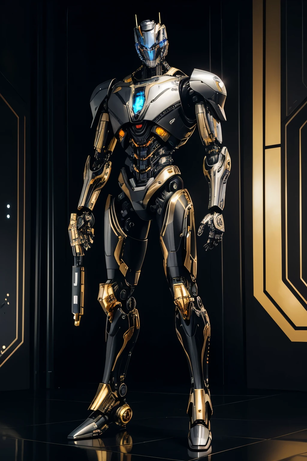 The image features a robot with gold and silver parts, standing on a black surface. It appears to be a futuristic creation, possibly inspired by the Terminator. The robot has a prominent head and torso, as well as arms that extend outwards. Its design is intricate and eye-catching, making it an interesting focal point in the scene.
