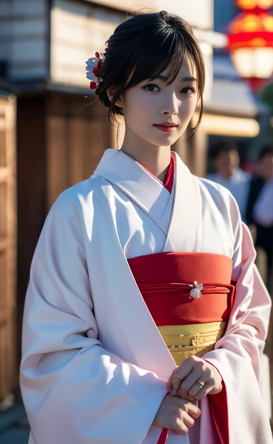 ((The streets of Kyoto as night falls during the Edo period,A young geisha walks with beautiful manners through the town lit by lanterns on an unpaved road after the rain.)),(((The collar of the formal Japanese kimono, with its black pattern, is pulled back, revealing the beautiful white nape of the neck.,The expensive and beautiful obi and obijime look great on her.,Beautifully decorated sandals,知り合いに出会って笑faceで会釈しているところを動作の本質を捉えたプロ目線の全身撮影))),(((美しいBlack Hairを日本髪に整えて頭に差したMany hairpins:1.3))),One girl, one personで, 凛とした上品な笑face, Eyes that capture the light of the chestnut color, Black Hair, hair ornaments, Knees together, with an elegant inward-facing stance, Furisode kimono, kimono, Bright red lips, compensate, Tassel, rope, eye shadow, red kimono, shimenawa, Many hairpins,((Perfect Anatomy)) ,Masterpiece,Ulzan 6500,(Realistic, photoRealistic),masterpiece, High resolution,The best light and shadow contrast, Main character,Very high depth of field,soft delicate beautiful attractive face, Beautiful Edge Oiran_woman, a woman in a kimono posing for a picture ,Perfect Edge Oiran_face,Perfect Edge Oiran_body,edge Oiran_compensate,edge Oiran_Hairstyle (Saiharu Body),(Tabletop, high quality, 最high quality),(繊細な目とface), Ray Tracing, Highly detailed CG Unity 8k wallpaper,one person,Best image quality,Excellent detail,超A high resolution,Realistic:1.4),Attention to detail,Attention to detail,Beauty condensed in 1girl,Beautiful brown hair,繊細でHigh noseを持つ美しいface,Long limbs like a model,Tight waist and big hips,High nose, Clear chestnut eyes, Glossy lips,