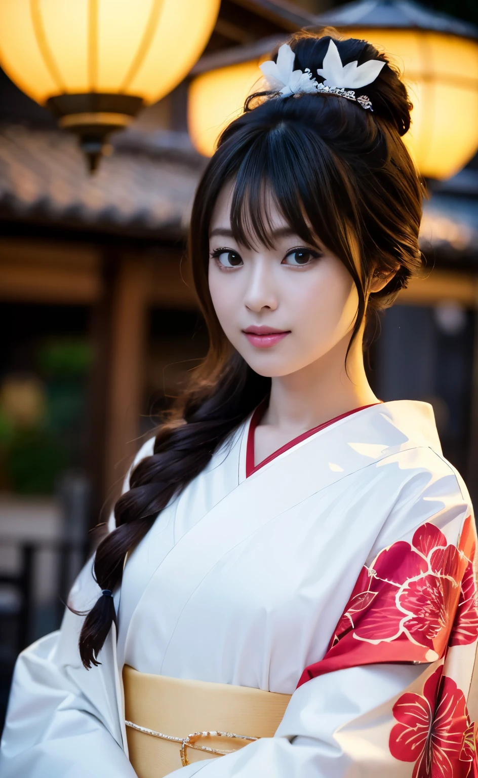 ((The streets of Kyoto as night falls during the Edo period,A young geisha walks with beautiful manners through the town lit by lanterns on an unpaved road after the rain.)),(((The collar of the formal Japanese kimono, with its black pattern, is pulled back, revealing the beautiful white nape of the neck.,The expensive and beautiful obi and obijime look great on her.,Beautifully decorated sandals,知り合いに出会って笑faceで会釈しているところを動作の本質を捉えたプロ目線の全身撮影))),(((美しいBlack Hairを日本髪に整えて頭に差したMany hairpins:1.3))),One girl, one personで, 凛とした上品な笑face, Eyes that capture the light of the chestnut color, Black Hair, hair ornaments, Knees together, with an elegant inward-facing stance, Furisode kimono, kimono, Bright red lips, compensate, Tassel, rope, eye shadow, red kimono, shimenawa, Many hairpins,((Perfect Anatomy)) ,Masterpiece,Ulzan 6500,(Realistic, photoRealistic),masterpiece, High resolution,The best light and shadow contrast, Main character,Very high depth of field,soft delicate beautiful attractive face, Beautiful Edge Oiran_woman, a woman in a kimono posing for a picture ,Perfect Edge Oiran_face,Perfect Edge Oiran_body,edge Oiran_compensate,edge Oiran_Hairstyle  (Saiharu Body),(Tabletop, high quality, 最high quality),(繊細な目とface), Ray Tracing, Highly detailed CG Unity 8k wallpaper,one person,Best image quality,Excellent detail,超A high resolution,Realistic:1.4),Attention to detail,Attention to detail,Beauty condensed in 1girl,Beautiful brown hair,繊細でHigh noseを持つ美しいface,Long limbs like a model,Tight waist and big hips,High nose, Clear chestnut eyes, Glossy lips,
