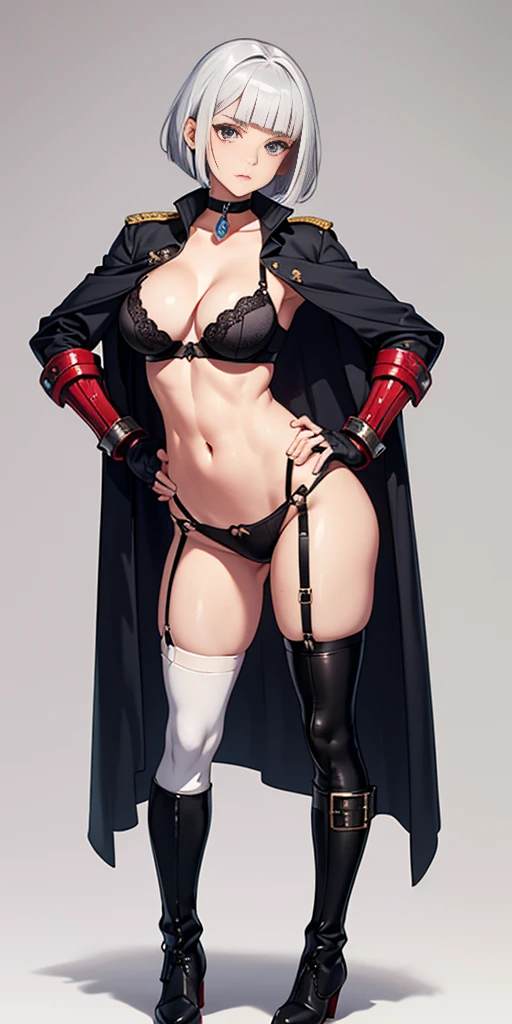A woman with short bob haircut white silver platinum hair, choppy bangs, arched crescent eyebrows, sharp and determined eyes, a delicate oval face, a serious expression, a fantasy-style dark green military coat, draped with a dark red cloak, leather combat boots, silver greaves leggings, this character embodies a finely crafted fantasy-style female military officer in anime style, exquisite and mature manga art style, pale skin, big breast knockers cleavage, ((Plain background 1:2)) (Cammy White Street Fighter white silver short bob haircut) Female full body standing straight symmetrical looking to the viewer RED full body armored (handcuffs, shackles, rerebrace, faulds, poleyn, gauntlets, leather collar choker, gloves, gauntlets, high boots bootstraps, black stockings) 2 crossing big belt under belly button, navel, abs, garter straps belts attaching bra ((hands on hips)) view from below, wide hips