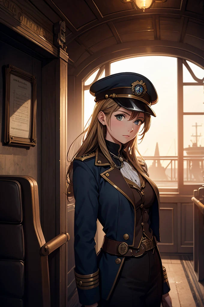 titanic reimagined as a 26 year old steampunk capitaine girl aborde a train looking over a steampunk town