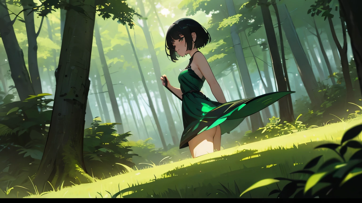 a pretty girl with short black hair is the wood-nymph, background is a green magic forest with a lot of Mysterious animals