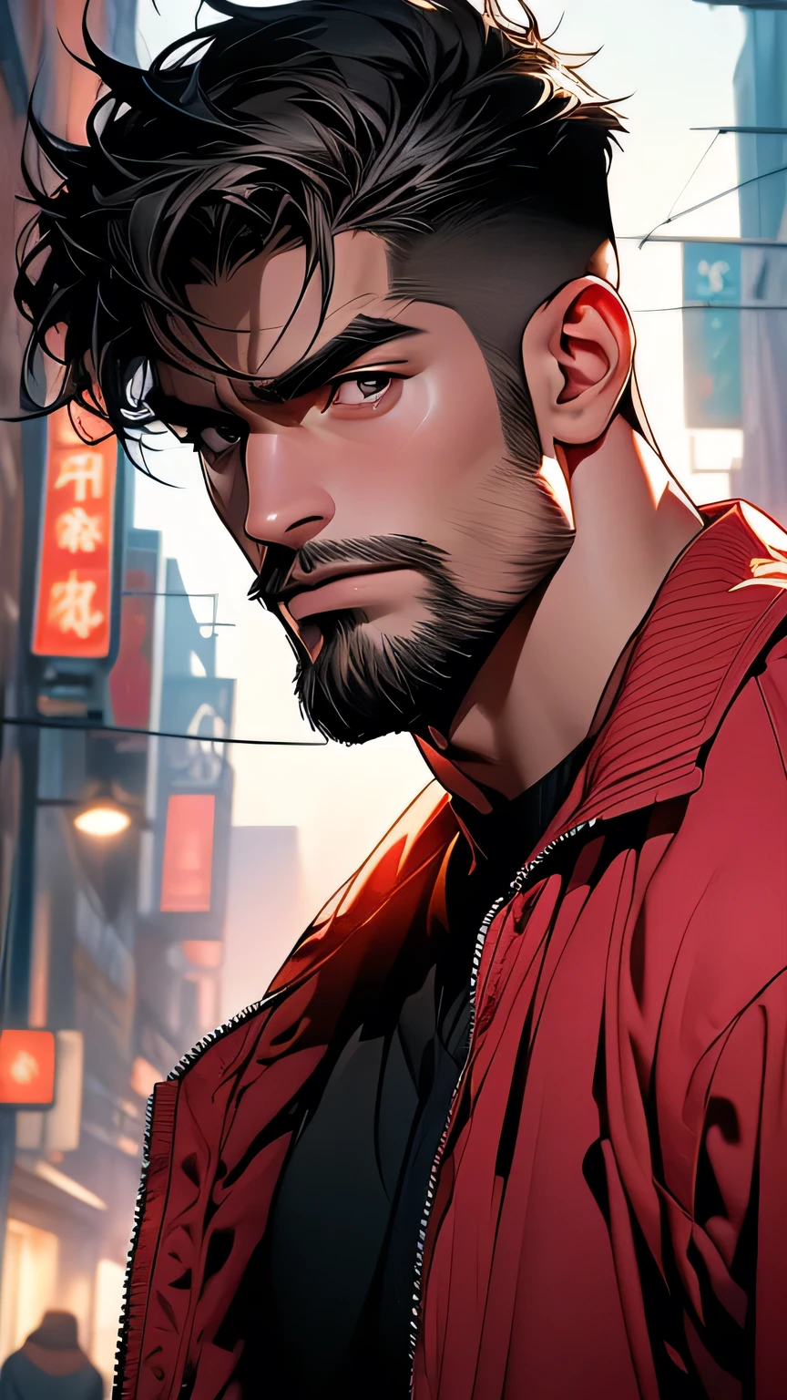 最high quality, masterpiece, 超High resolution, Detailed Background, realism, An illustration, single, 1 boy, street, logic, Volumetric lighting, Depth of written boundary, Facial hair, Fitness Trainer､masterpiece, 最high quality, high quality, High resolution, (Upper body portrait)､