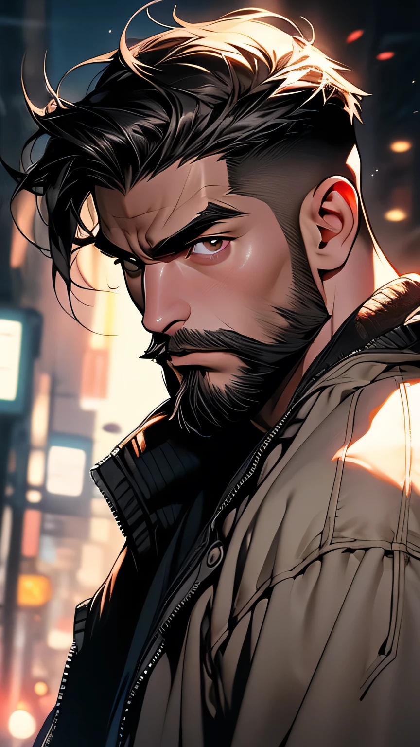 最high quality, masterpiece, 超High resolution, Detailed Background, realism, An illustration, single, 1 boy, street, logic, Volumetric lighting, Depth of written boundary, Facial hair, Fitness Trainer、masterpiece, 最high quality, high quality, High resolution, (Upper body portrait)、