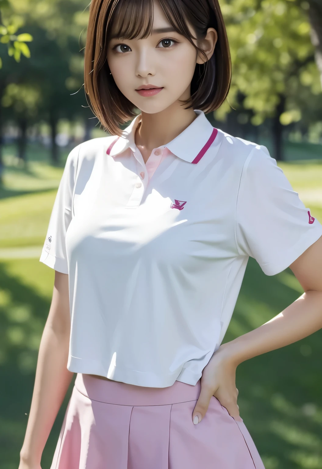 masterpiece, best quality:1.1), (8k, raw photo, photo realistic:1.2, f22), (shiny skin), detailed skin,Medium Bob,detailed face, detailed eyes,BREAK, real world, intricate details, smil, BREAK, 1girl, (pink,Polo shirt,mini skirt),BREAK, (golf:1.4), BREAK