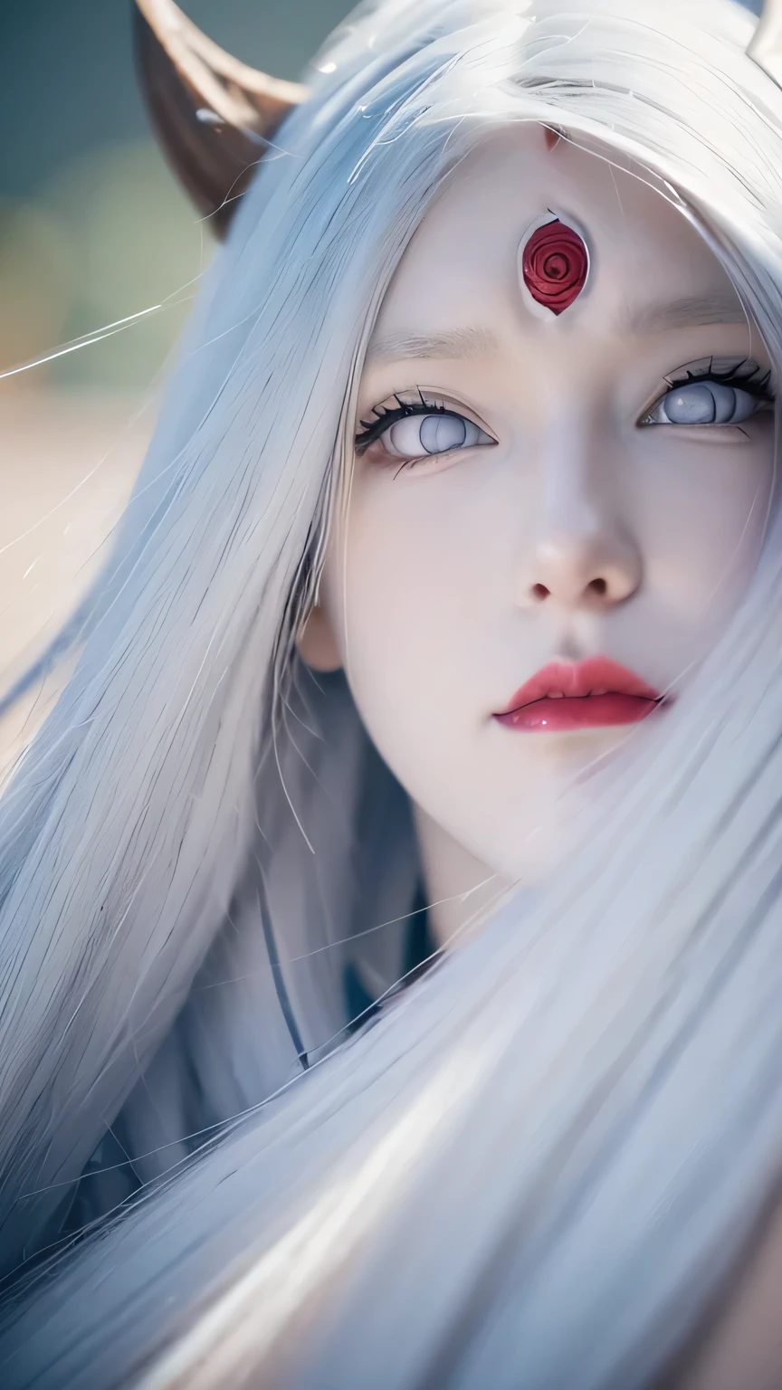 a close up of a person with long hair and a hoodie, otsutsuki kaguya, kaguya from anime naruto, as an anime character, perfect anime face, she has white hair with bangs, female anime character, anime character, anime best girl, hime cut hairstyle, white hair, (red glossy lips:1.3), white eyes, smile, city background, (beautiful face:1.3)