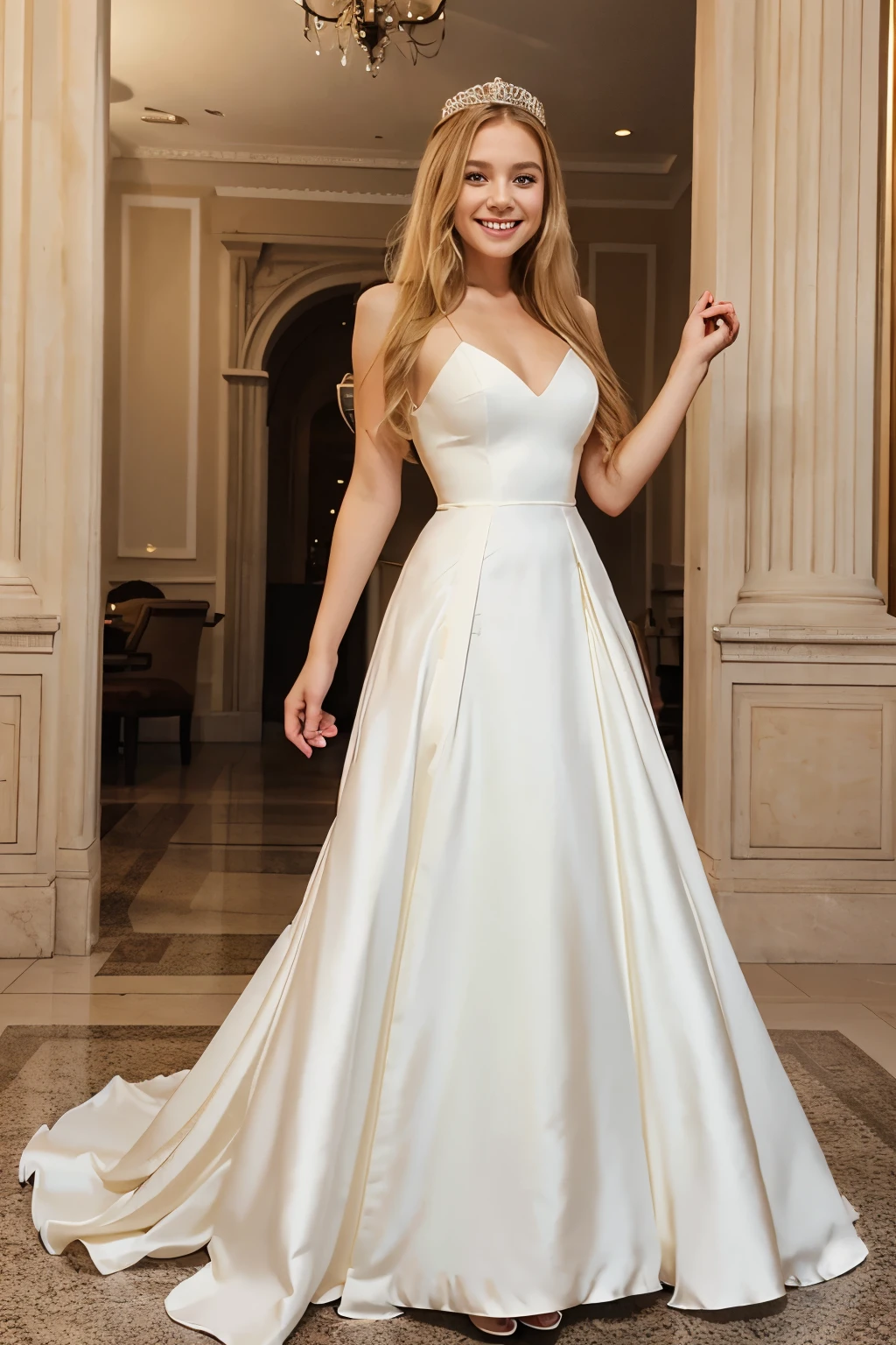 young princess, wearing tight formal dress, long blonde hair, smiling