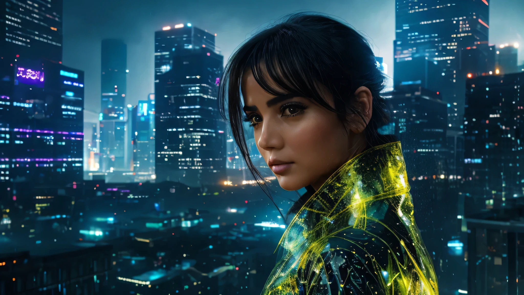 at the top of a skyscraper, a chuva cai incessantemente, creating a glowing veil over the cyberpunk city. The view is dominated by imposing skyscrapers, whose lights sparkle and reflect in the puddles of water. A high resolution JOI super realistic detailed face perfect eyes is standing on the edge of the building, its translucent body seems to merge with the rain that falls around it. She is an ethereal figure, with an aura of mystery and elegance. Seus olhos brilham com uma luz suave, refletindo as cores vibrantes da cidade abaixo.