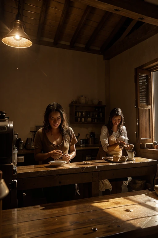 The warm glow of the setting sun casts a golden light on the rustic table, adorned with a cup of freshly brewed coffee write "São Geraldo Roasting". In the background, workers can be seen harvesting coffee, their movements slow and dreamlike. The scattered coffee beans on the table add a touch of texture to this visually descriptive image., Conceptual art, modern, cinematic lighting, first-person view, ccurate, masterpiece, high details
