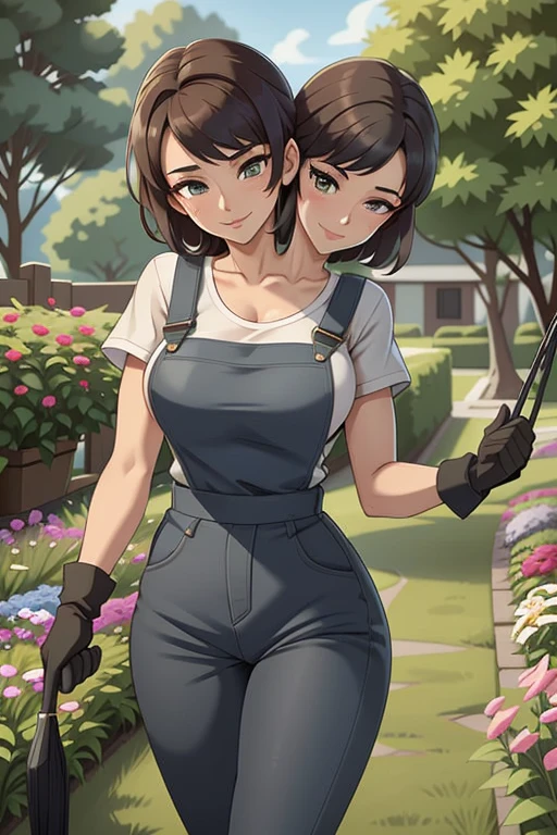 2heads, a tall thin woman with two heads. She is outside in a garden, she is gardening. She is very tall. She is very skinny. She has short black hair in a bun. She looks mature. She has very thick full lips. She is wearing overalls with a colorful T-shirt underneath, and gardening gloves. She is wearing a bandana on her head. She is smiling. She is blushing. She looks sweaty and tired. Mature, milf. Flirty, flirtatious expression, flirty pose. Sweaty, sweating. 