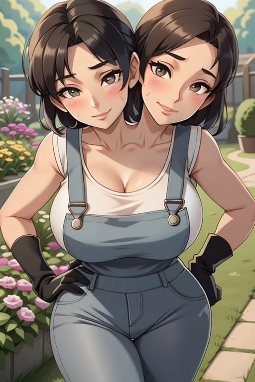 2heads, a tall thin woman with two heads. She is outside in a garden, she is gardening. She is very tall. She is very skinny. She has short black hair in a bun. She looks mature. She has very thick full lips. She is wearing overalls with a colorful T-shirt underneath, and gardening gloves. She is wearing a bandana on her head. She is smiling. She is blushing. She looks sweaty and tired. Mature, milf. Flirty, flirtatious expression, flirty pose. Sweaty, sweating. 