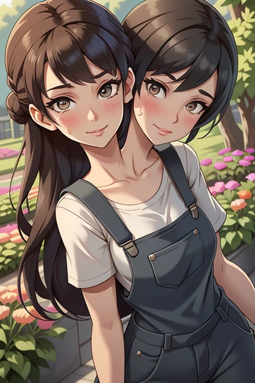 2heads, a tall thin woman with two heads. She is outside in a garden, she is gardening. She is very tall. She is very skinny. She has short black hair in a bun. She looks mature. She has very thick full lips. She is wearing overalls with a colorful T-shirt underneath, and gardening gloves. She is wearing a bandana on her head. She is smiling. She is blushing. She looks sweaty and tired. Mature, milf. Flirty, flirtatious expression, flirty pose. Sweaty, sweating.