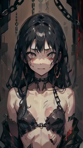 ((Background made of chains and ruins))、scribble, nightmare, doll-like face, Manga style, rough sketch, Horror elements, (masterpiece), (High resolution), (Very delicate), (clear), Manga style illustration, (drawing style), Japanese painting, My whole body is scary, (spooky), Japan sculpture,crazy illustration, Flat Illustration, spookyな外観, Characteristic hairstyle, Unique atmosphere、Blood splatter、Beautiful Frankenstein、Small eyes、(Flat Chest),Colorful hair color,Chains wrapped around the body、(Stitched Body))、39;Coming towards me.,Skin full of stitches,restrained by thick chains