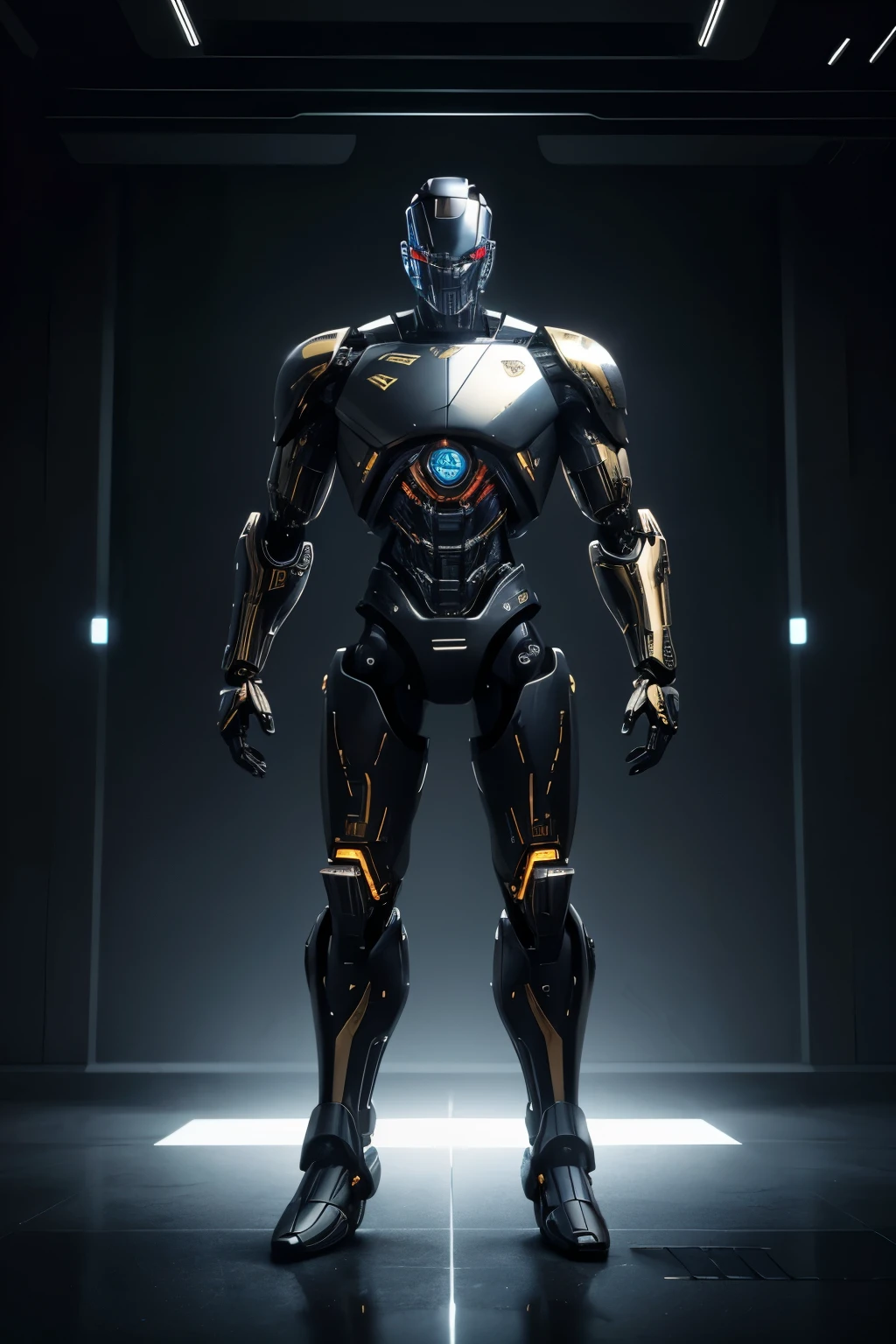 The image features a robot with gold and silver parts, standing on a black surface. It appears to be a futuristic creation, possibly inspired by the Terminator. The robot has a prominent head and torso, as well as arms that extend outwards. Its design is intricate and eye-catching, making it an interesting focal point in the scene.