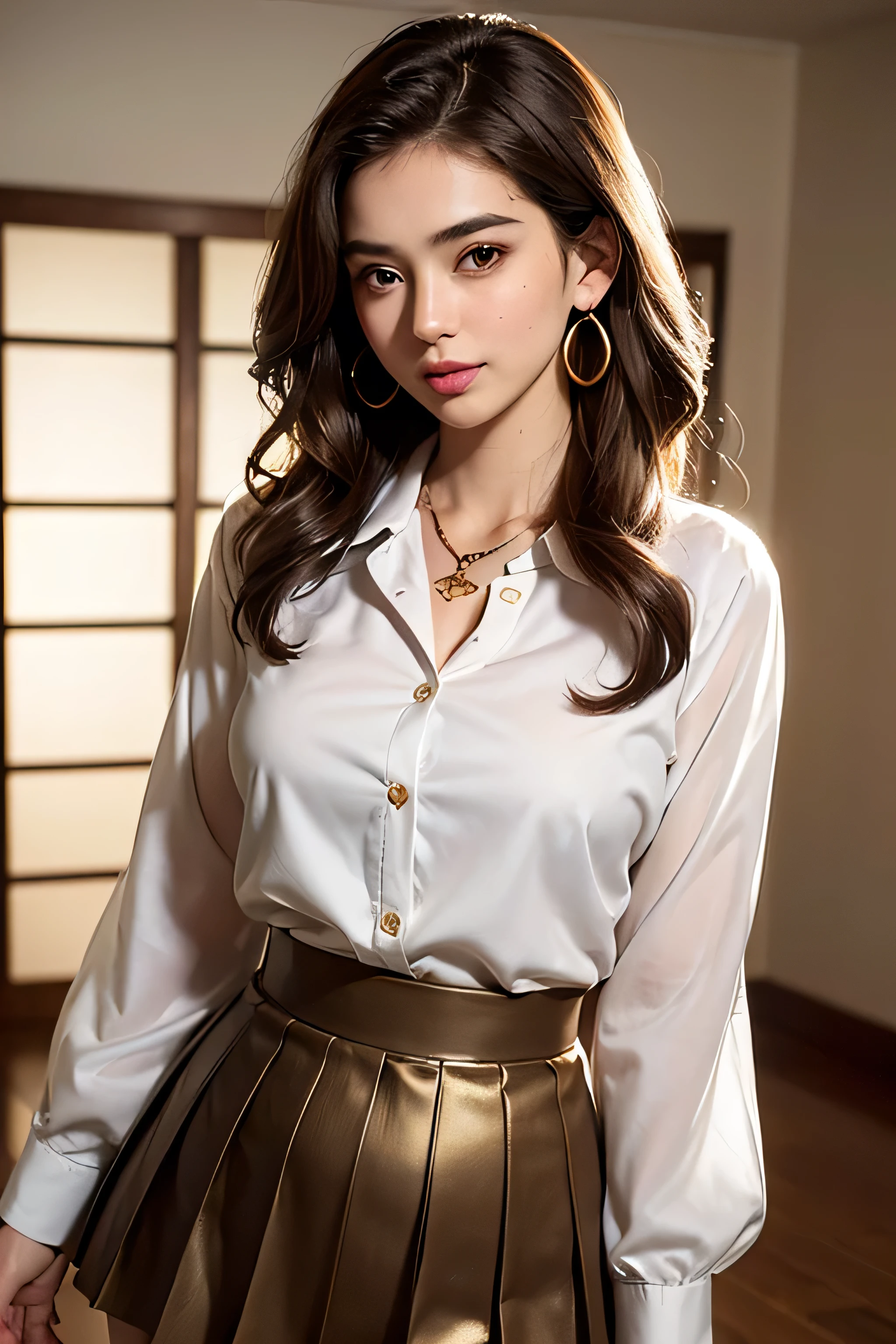 employment, sunlight, Backlight, ((Cinematic Light, Ray Tracing)), (masterpiece),((Very detailed)), (Highly detailed CG illustrations), (highest quality:1.2),(One girl:1.2),High-quality texture, Intricate details, Detailed Texture, High Quality Shadows, Realistic facial expression, Beautiful and delicate face down to the last detail, Beautiful and delicate eyes, Brown pupil, perfectly balanced face, Depth of written boundary, perspective,20th Generation, Glossy Lips, Perfect body, Mid-chest, clear_image, Focus Only, (Brown Hair), (((Perm Straight Hairstyle))), (Beautifully detailed eyes and face), Light source contrast, ((Medium Hair)), 21 years old, Tokyo cityscape background, At night, Idol Style, Cute clothes, Bright colors, playful pattern, Frilled Skirt, Cute Accessories, like々Nice design, Mid-chests, White socks, Are standing,((Loosely inward wavy hair:1.2)),((Gold Necklace_Large earrings:1.2)),((Extra long brown hair:1.2))((White long sleeve button up blouse_With collar_Remove up to the second button_Brown pleated mini skirt:1.3)),((in a Luxurious room:1.3))