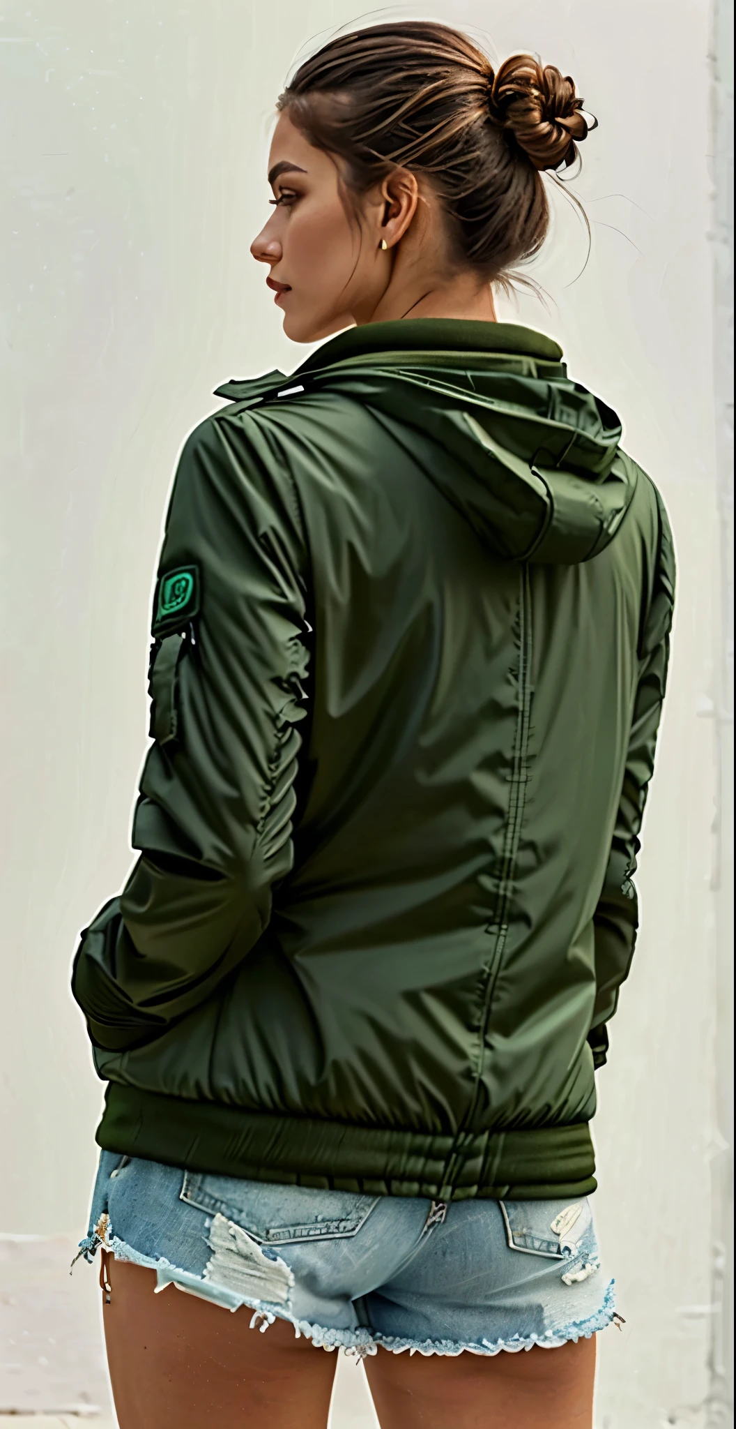 a woman in a green jaqueta and shorts stands facing away from the camera, green colored bomber jaqueta, Verde escuro, Oliva green, ( ( Verde escuro, roupas verdes, jaqueta, Capuz verde, wearing green jaqueta, rear view too, encapuzado, vista traseira, Oliva, close-up from behind, facing backwards, record jaqueta, wearing Verde escuro bomber jaqueta