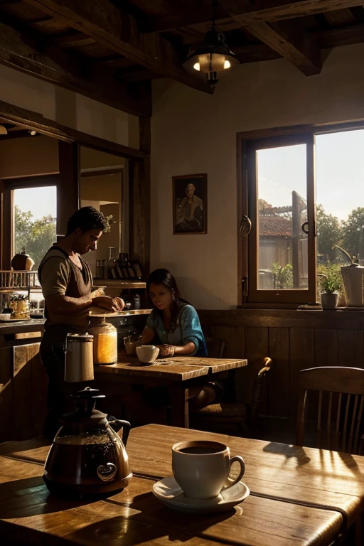 The warm glow of the setting sun casts a golden light on the rustic table, adorned with a cup of freshly brewed coffee write "São Geraldo Roasting". In the background, workers can be seen harvesting coffee, their movements slow and dreamlike. The scattered coffee beans on the table add a touch of texture to this visually descriptive image., modern, cinematic lighting, first-person view, masterpiece, high details