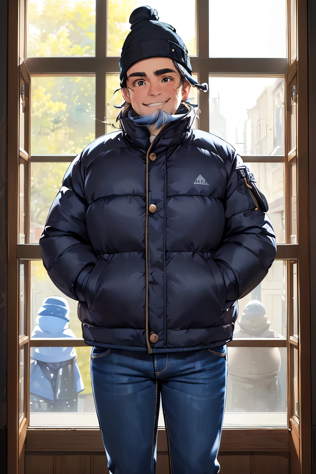 ((best quality)), ((masterpiece)), (detailed), ((perfect face)), (((tall middle aged man))), (((clean shaven))). (((wearing beanie, puffer jacket, jeans))), (((standing))), (((window))), (((looking at viewer))), (((((happy))))), (((big, wide eyes)))
