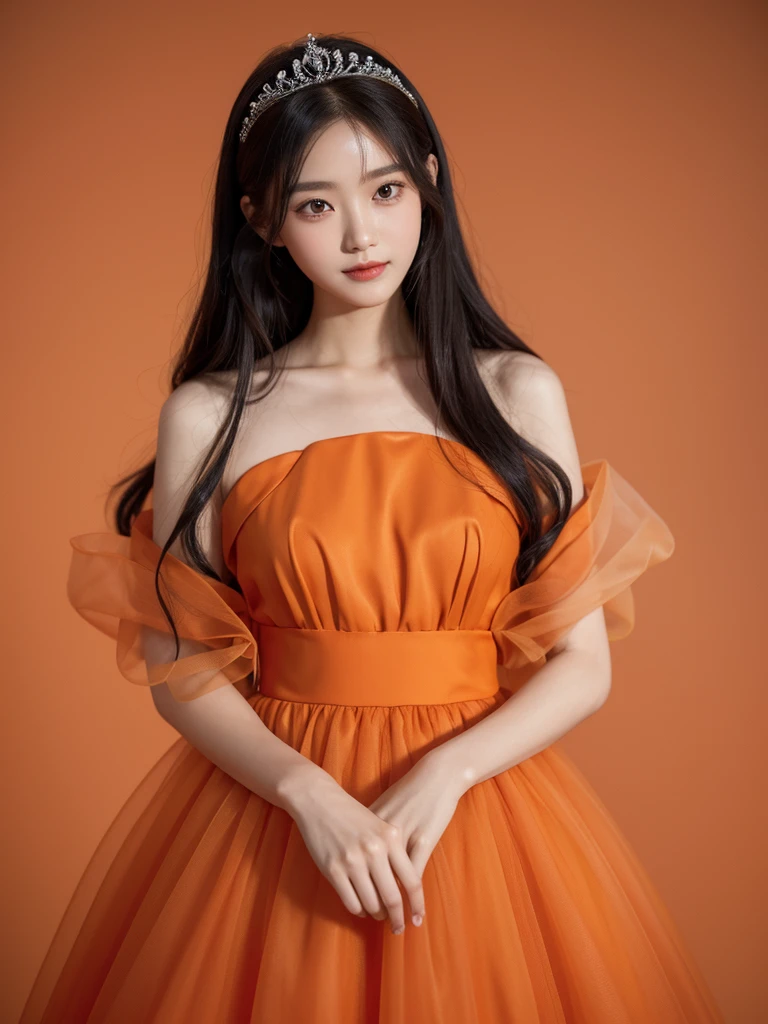 dark orange 옷을 입은 여성이 손에 꽃을 들고 있습니다.., dark orange 옷을 입고, 오간자 가운과 dark orange 볼룸 가운 착용.,dark orange clothes, dark orange 양복을 입고, Stylish Editorial Photography, official valentino editorial, translucent dress, Subtle and dreamy, Highly saturated dark pink, celestial fairy tale, very subtle, dreamy and heavenly, dark orange , Lots of merlot, official dior editorial, enlargement, smile at me, small tiara, Bardot dress, princess gown, smile