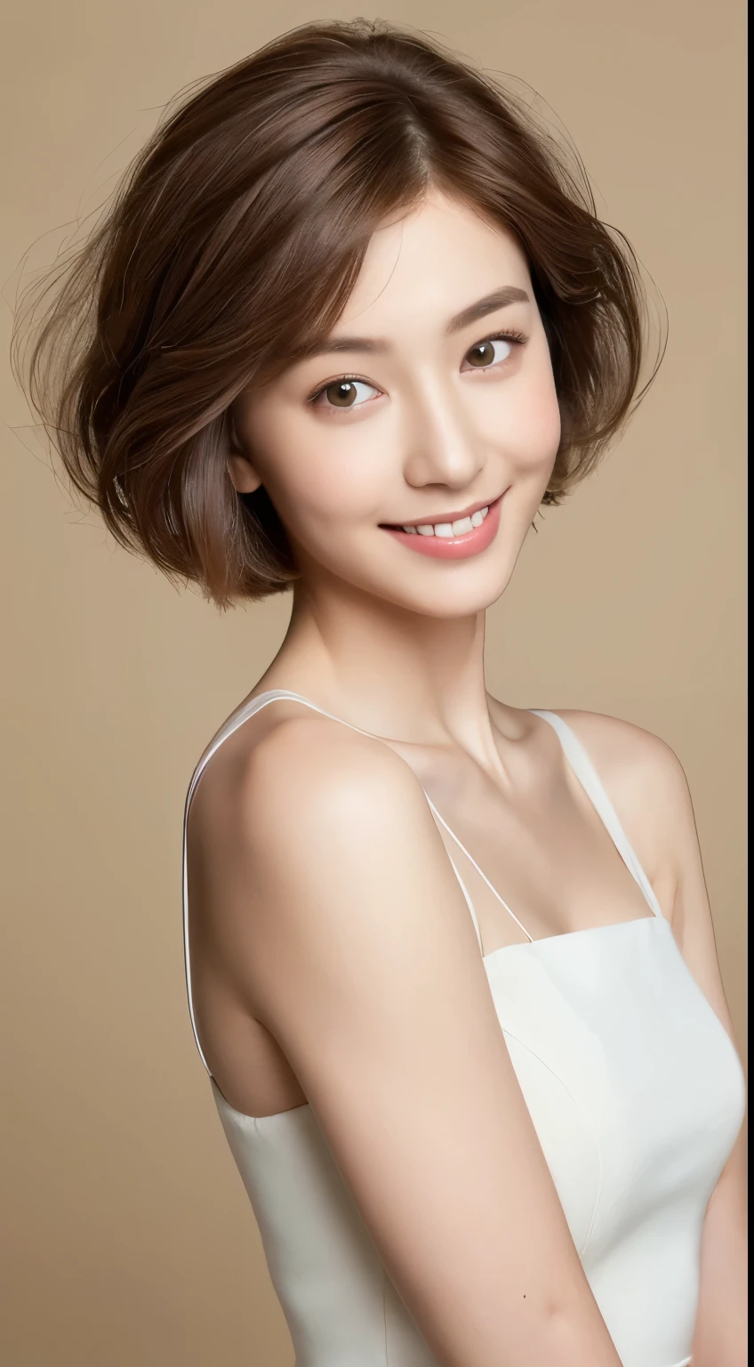 (​masterpiece:1.3), (8K, Photorealsitic, RAW Photography, Top image quality: 1.4), japanes, (1girl in), beauitful face, (lifelike face), (Brown hair, short-hair:1.3), gradation hair、waved hair、Beautiful hairstyle, realisticeyes, Eyes in Beautiful Details, (real looking skin), Beautiful skins, enticing, 超A high resolution, A hyper-realistic, High Detail, the golden ratio, (Detal Face:1.2), see the beholder,a smile,opened white shirt,small tits、is standing